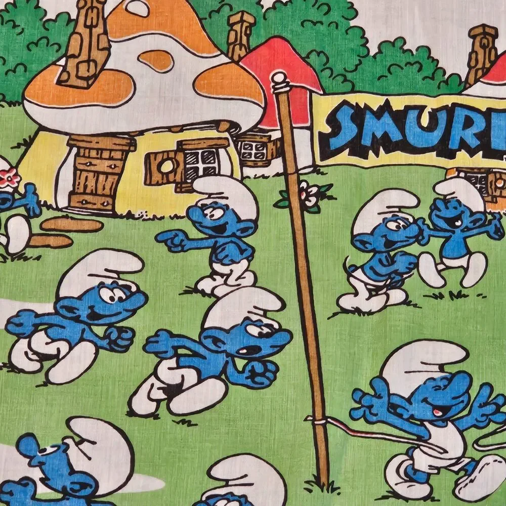 Vtg 1980s Smurfs Village Twin Flat Sheet Lawtex PolyCotton USA Peyo Bright 90x65